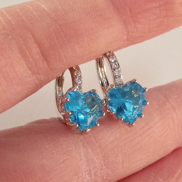 Silver Plated Elegant Heart Blue Diamond Zircon Dangle Earrings Gorgeous Gift - Picture 6 of 7